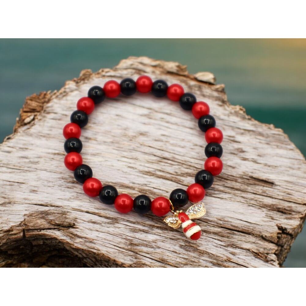 Red and black bead  Bracelet with Matching colored Bee with diamond rhinestones